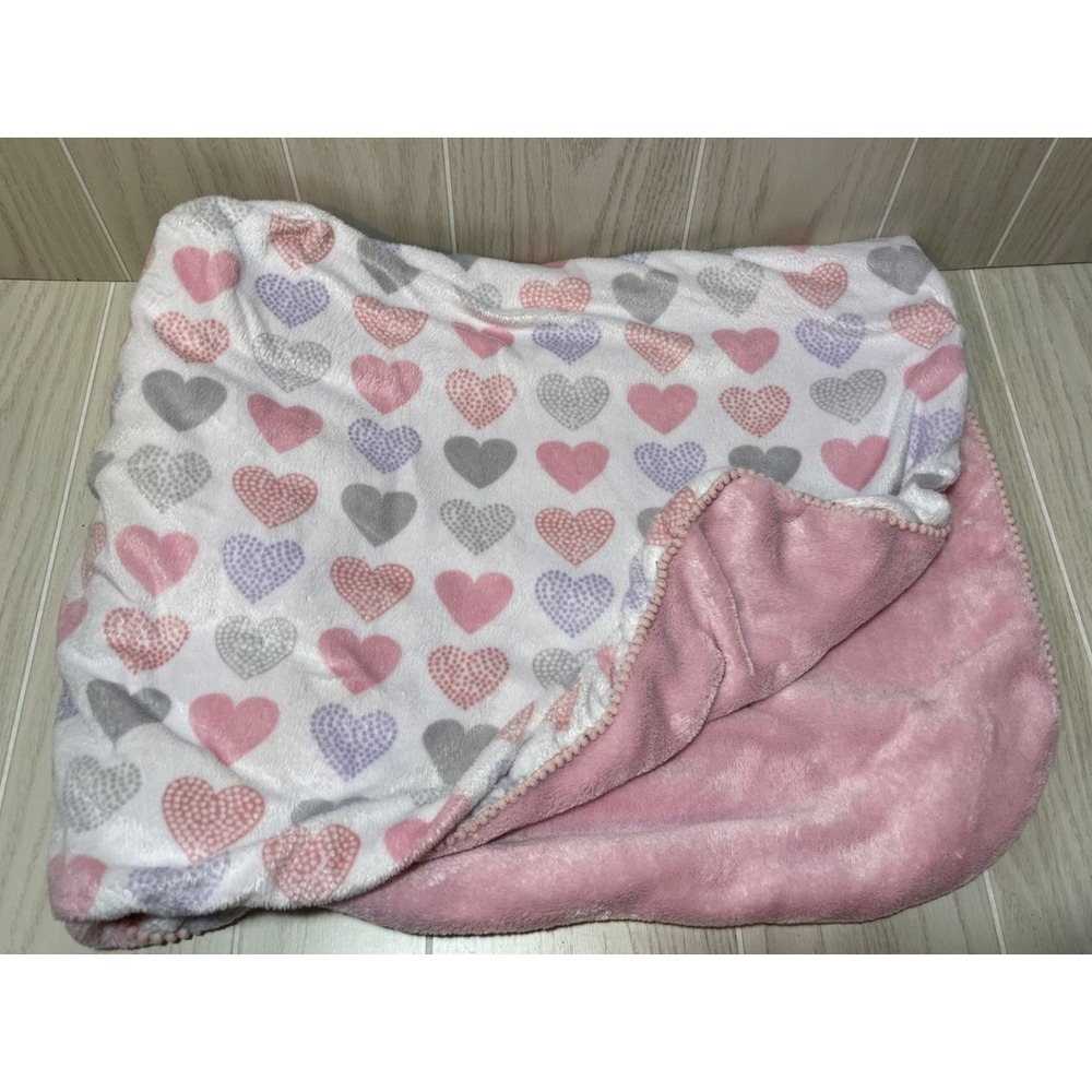 Just Born plush baby blanket white pink Purple Gray hearts